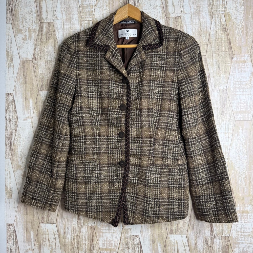 Saks Fifth Avenue Collection Blazer Brown Plaid Wool Mohair Italy Size 38 4